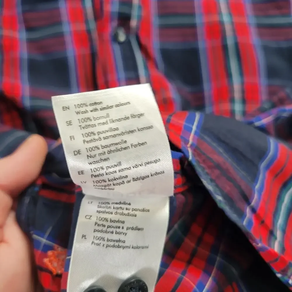 Holly Whyte Lindex Boys LG Tartan Plaid Navy Red Holiday Christmas Shirt EUC